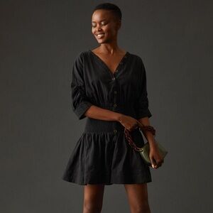ANTHROPOLOGIE PUFF-SLEEVE SMOCKED MINI DRESS IN BLACK